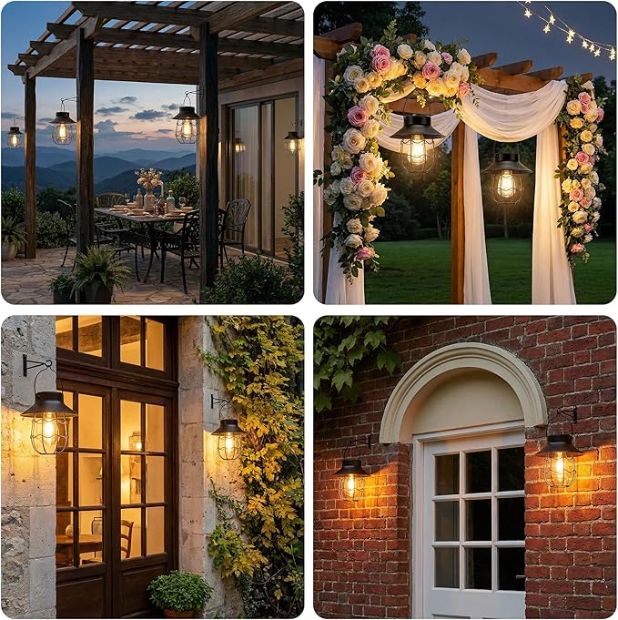 Livinlarge Hanging Solar Lanterns Waterproof,2 Pack Outdoor Metal Solar Lights with Wall Hooks Windproof Hook,Retro Solar Lantern Auto On/Off for Yard Garden Pathway Patio Porch Decor (Black)