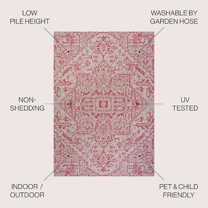 JONATHAN Y Boho Medallion Indoor Outdoor Area Rug 4X6 Light Gray/Fuchsia, Estrella Textured Weave for Backyard, Patio, Porch, Easy-Cleaning, High Traffic, Pet-Friendly, Non-Shedding (SMB105F-4)