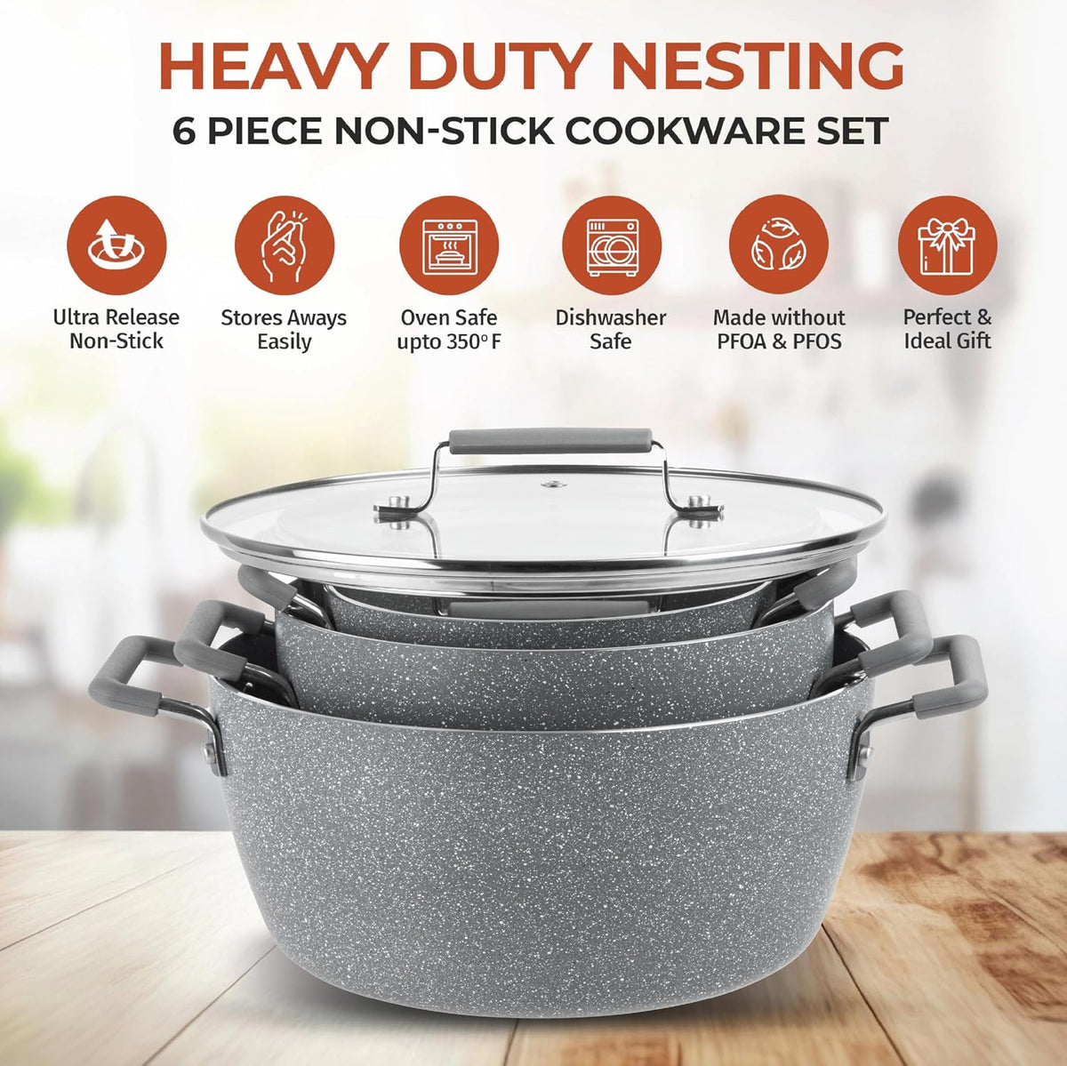 Granitestone Gray Pots and Pans Set Nonstick, 6 Stackable Piece Cooking Pots Set, Kitchen Pots, Non Stick Coating, 5qt 3