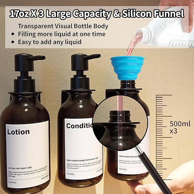Shampoo Dispenser for Shower Wall, Shampoo and Conditioner Dispenser with 16 Waterproof Labels, Shower Dispenser 3 Chamber No Drill, Shower Soap Dispenser Wall Mounted for Bathroom, 17oz, Amber