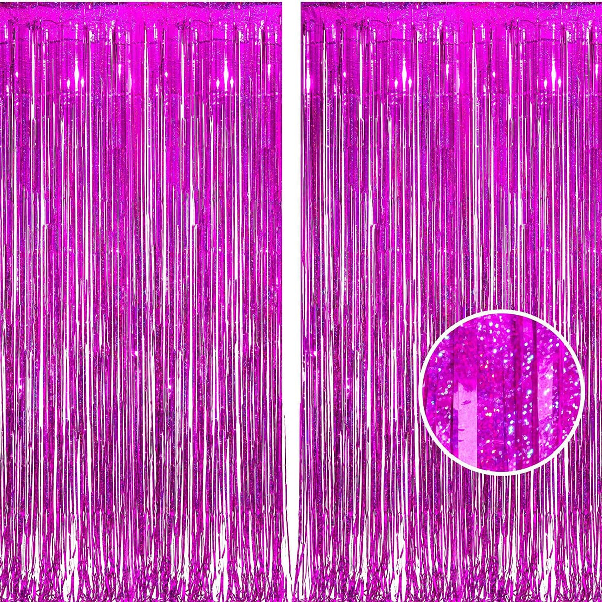 Braveshine Hot Pink Tinsel Foil Fringe Curtains - 2Pcs 3.2x8.2ft Metallic Party Streamers Backdrop for Girl Birthdays Valentines Bridal Shower