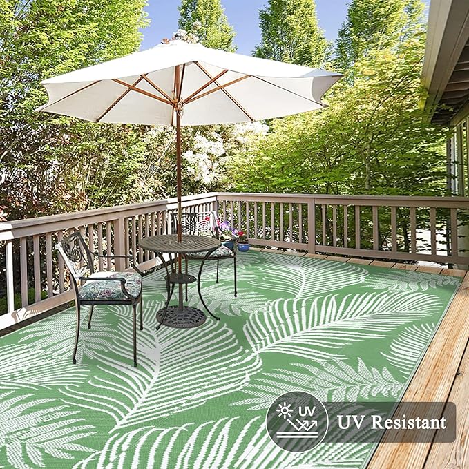 Pauwer Waterproof Outdoor Rug 6x9, Reversible Plastic Straw Patio Camping Rug, Indoor Outdoor RV Mat Carpet for Deck, Camper, Porch, Balcony, Backyard, Picnic, Leaf Green
