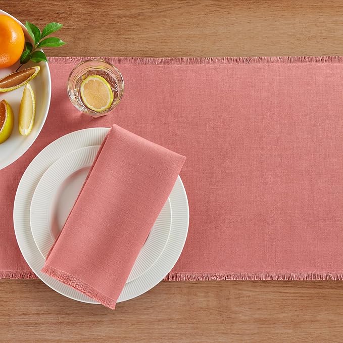 Solino Home Fringe Linen Table Runner 60 Inches - 100% Pure Linen Dusty Rose Table Runner 14 x 60 Inch Ideal for Dresser and Coffee Tables - Valentines, Spring, Easter