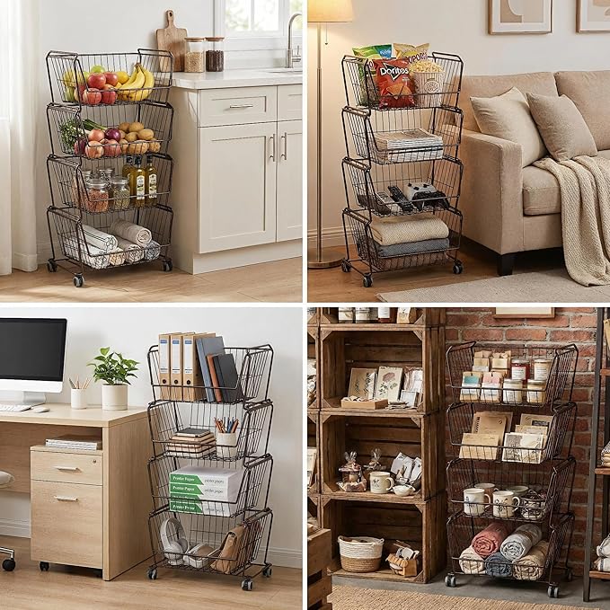 PUSDON 4-Tier Large Stackable Wire Storage Baskets with Wheels, Metal Rolling Utility Cart Organizer, Produce Basket for Kitchen Pantry, Floor Shelf, Vintage Bronze