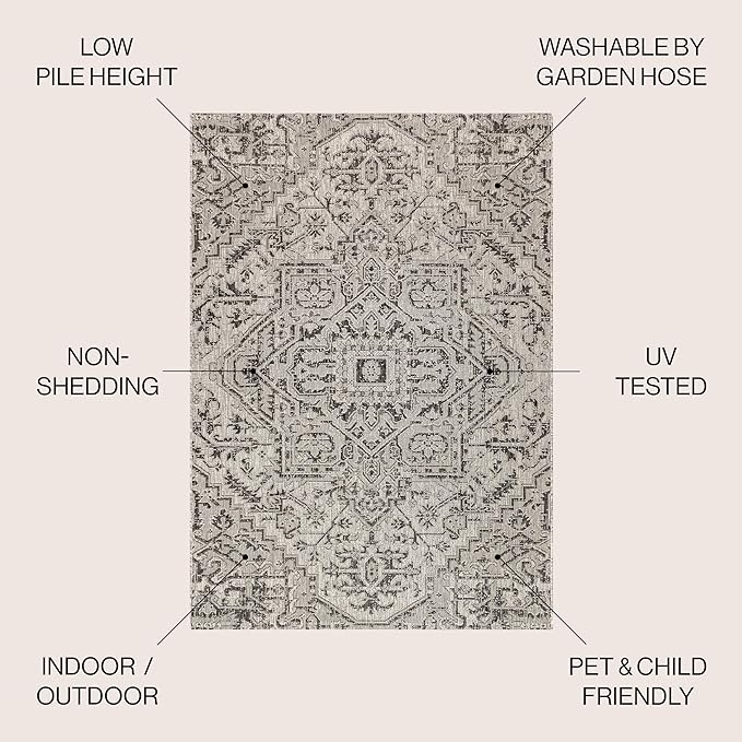 JONATHAN Y Boho Medallion Indoor Outdoor Square Area Rug 6X6 Black/Gray, Estrella Textured Weave for Backyard, Patio, Porch, Easy-Cleaning, High Traffic, Pet-Friendly, Non-Shedding (SMB105D-6SQ)