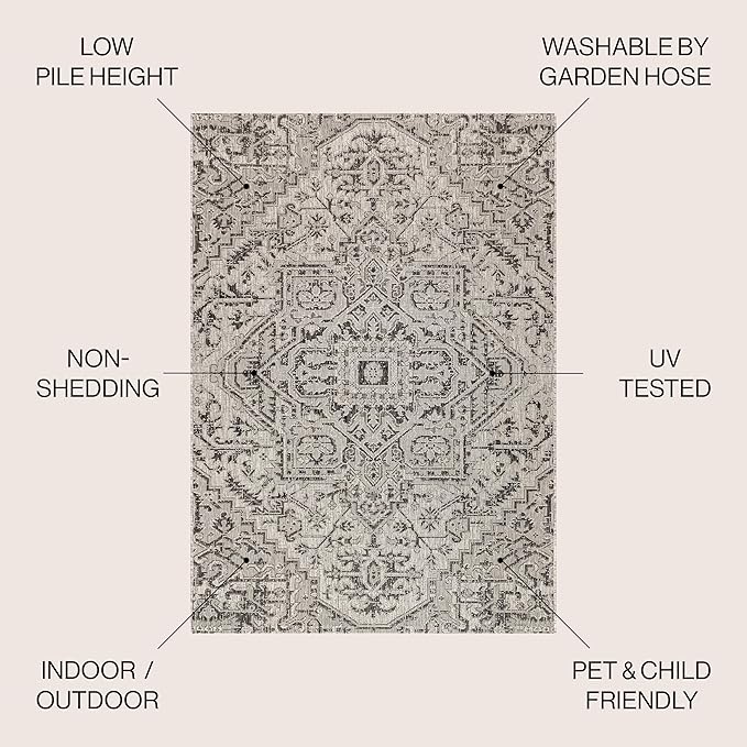JONATHAN Y Boho Medallion Indoor Outdoor Round Area Rug 3 Ft Black/Gray, Estrella Textured Weave for Backyard, Patio, Porch, Easy-Cleaning, High Traffic, Pet-Friendly, Non-Shedding (SMB105D-3R)