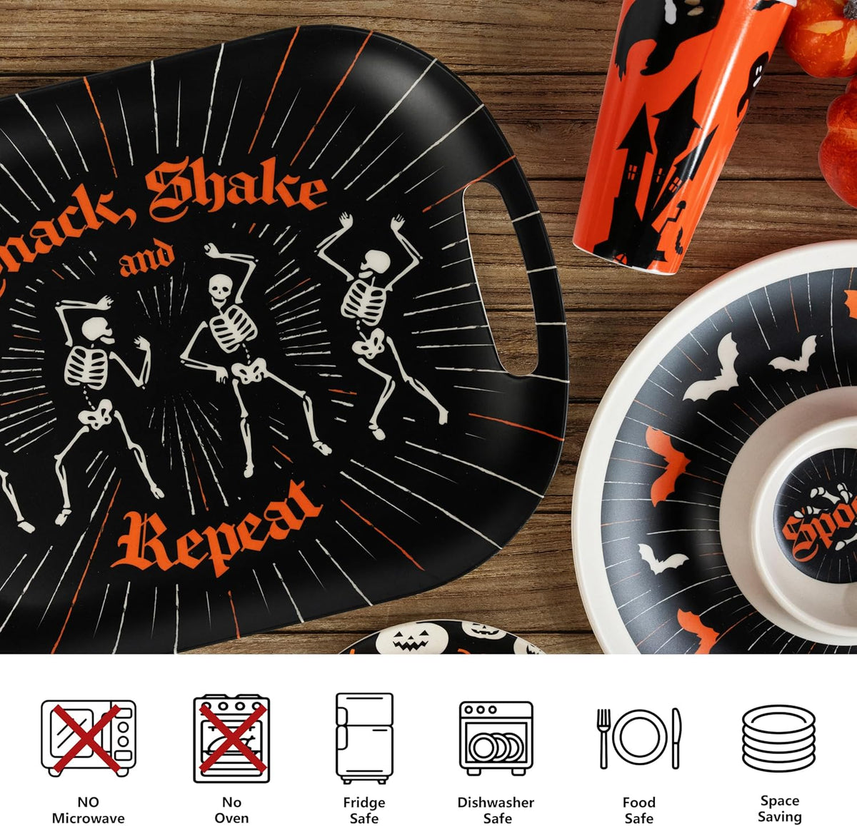 Oasis Choice 2-Pack Halloween Skeleton Serving Trays, 18" Large Handled Tray & 13" Chip & Dip Platter for Horror Party, BBQ