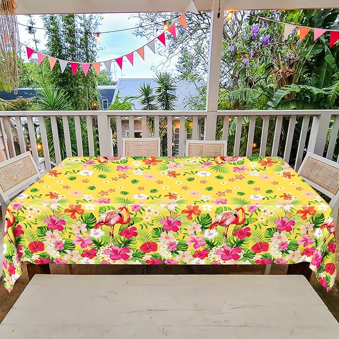 QZYL 3 PCS Hawaiian Table Cloths, 54 x 108 Inches Luau Tablecloths, Disposable Aloha Party Decorations with Summer Flamingo Palm Leaves, Plastic Luau Party Supplies Tropical Decorations for Tiki Bar