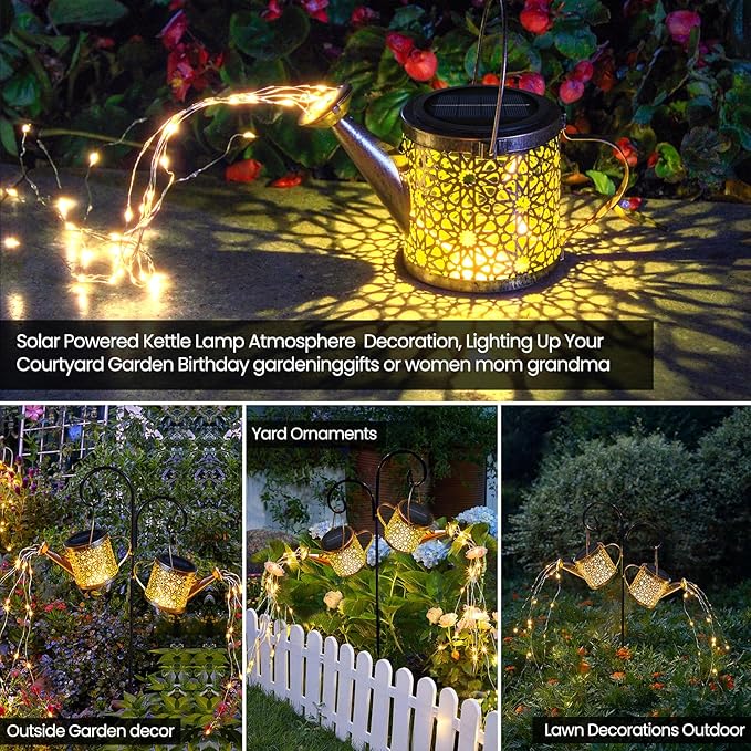 Solar Lights Outdoor Decorative, 2 Pack Metal Watering Can Lights Waterproof, Small Hanging Garden Decor Yard Outside Patio Lawn, Gifts for Mom Grandma Women Birthday(Warm White)