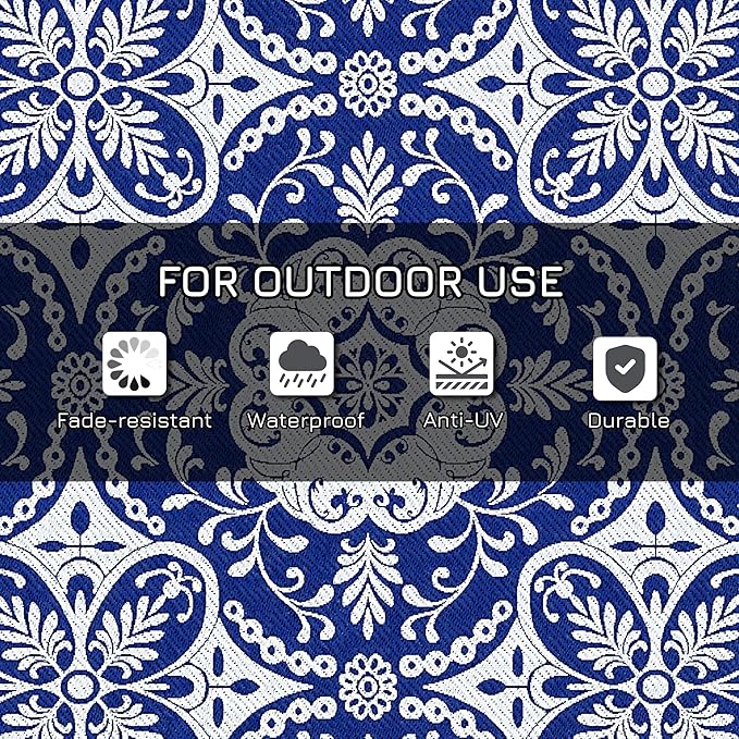 Outsunny Reversible Outdoor Rug Carpet, 9' x 12' Waterproof Plastic Straw Rug, Portable RV Camping Rugs with Carry Bag, Large Floor Mat for Backyard, Deck, Picnic, Beach, Blue & White Floral