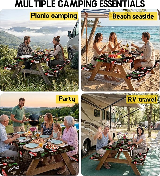 Fitted Picnic Table Cover with Bench Covers Vinyl Waterproof Elastic Edges Fitted Rectangle Table Cloth Patio Tablecloth Camping Essentials Rv Gear Accessories Road Trip Supplies Car Travel Must Have