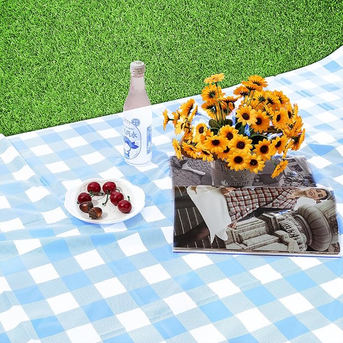 Kesfey 9 Packs Light Blue Gingham Tablecloth Pale Blue and White Checkered Tablecloths 54 x 108 Inches Disposable Plastic Gingham Tablecovers Waterproof Rectangle Picnic Table Cover for Birthday Party