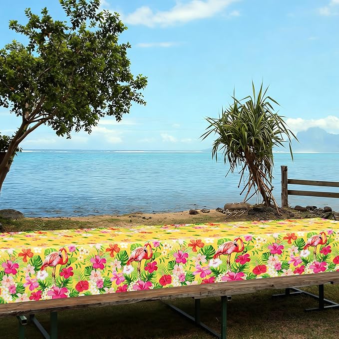 QZYL 6 PCS Luau Tablecloths, 54 x 108 Inches Hawaiian Table Cloths, Disposable Luau Party Supplies Tropical Decorations with Flamingo Palm Leaves, Aloha Party Decorations Summer Decor for Tiki Bar