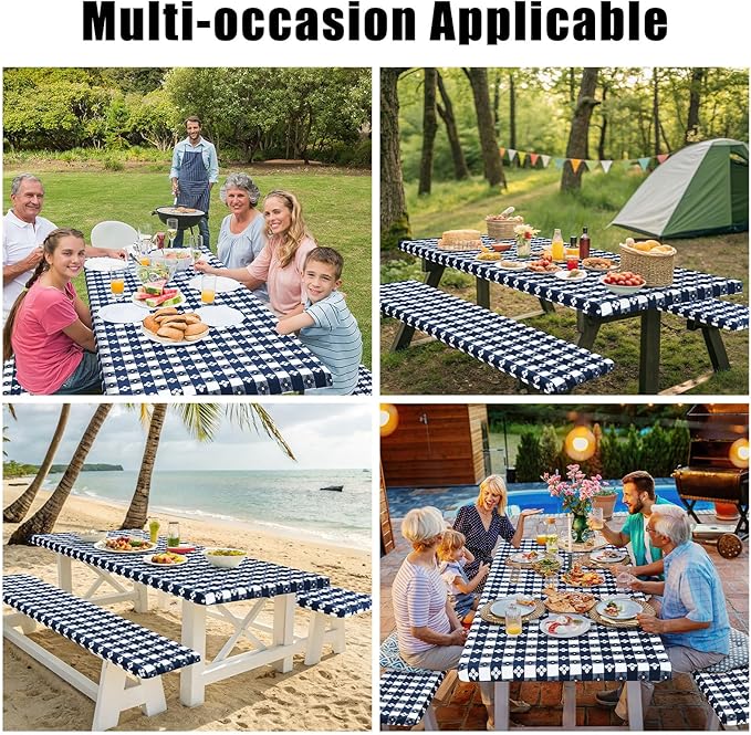 Smiry Picnic Table Cover with Bench Covers, Waterproof Elastic Fitted Tablecloth for 8 Foot Tables, Washable Polyester Tablecloths for Camping & Indoor (Dark Blue & White, 30x96 Inch 3-pc Set)
