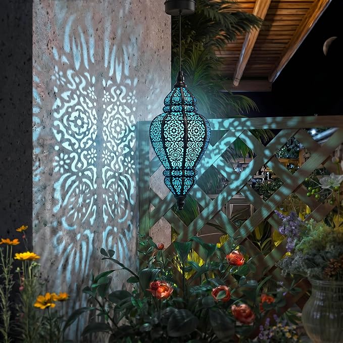 Moroccan Hanging Solar Lights Outdoor Lantern Bidirectional Availabili Garden Decor Waterproof Plastic Blue Decorations for Patio Pathway Yard Backyard Solar Powered Garden Decorative (Black, 1)
