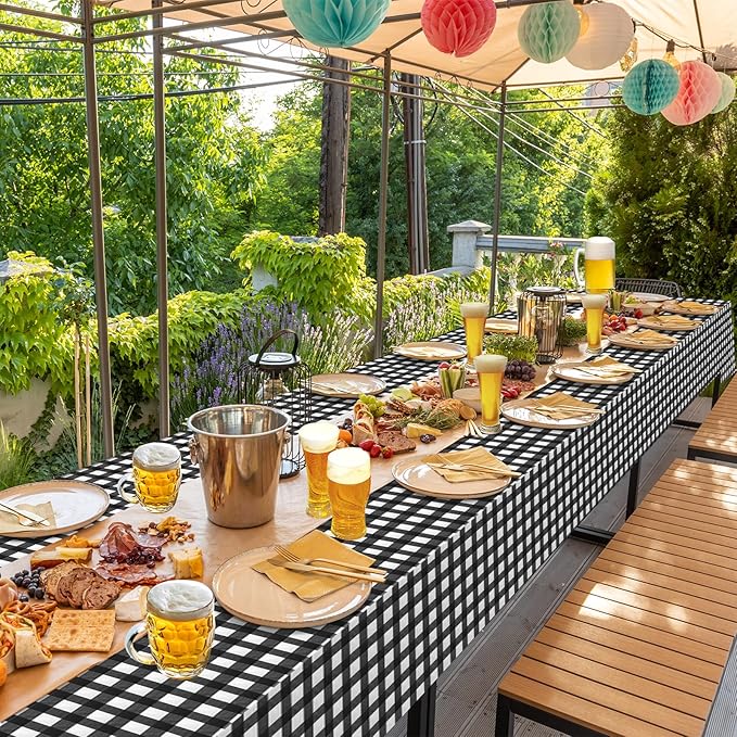 12Pack Black and White Plastic Checkered Tablecloth, Premium Decorative Disposable Black Gingham Plaid Tablecloths for Parties, Rectangle Party Table Cover for Picnic Farm Birthday Wedding, 54x108Inch