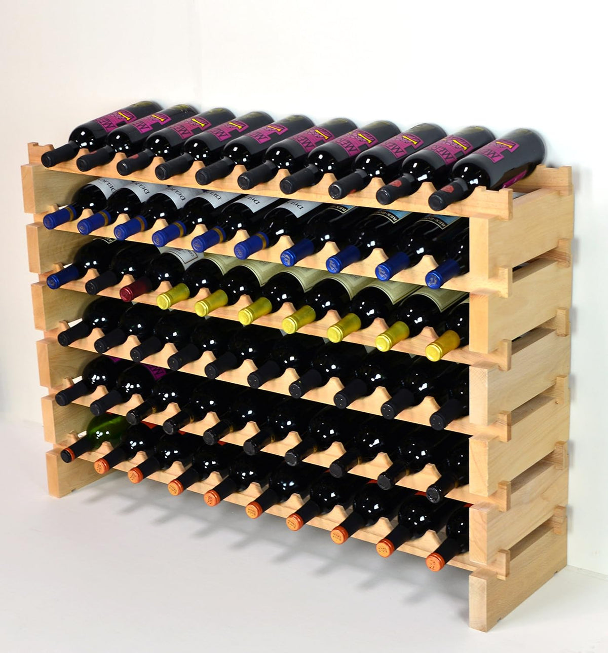 sfDisplay.com,LLC. Modular Wine Rack Beechwood 40-120 Bottle Capacity 10 Bottles Across up to 12 Rows Newest Improved Model (60 Bottles - 6 Rows)