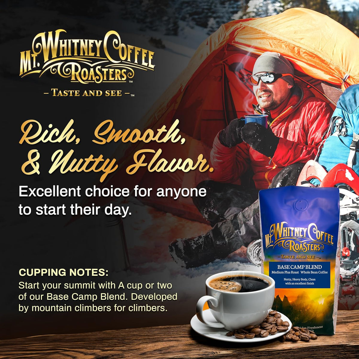 Mt. Whitney Base Camp Blend Coffee Beans - Medium Dark Roast Coffee, Low Acid Coffee - Ground Coffee, 12 oz