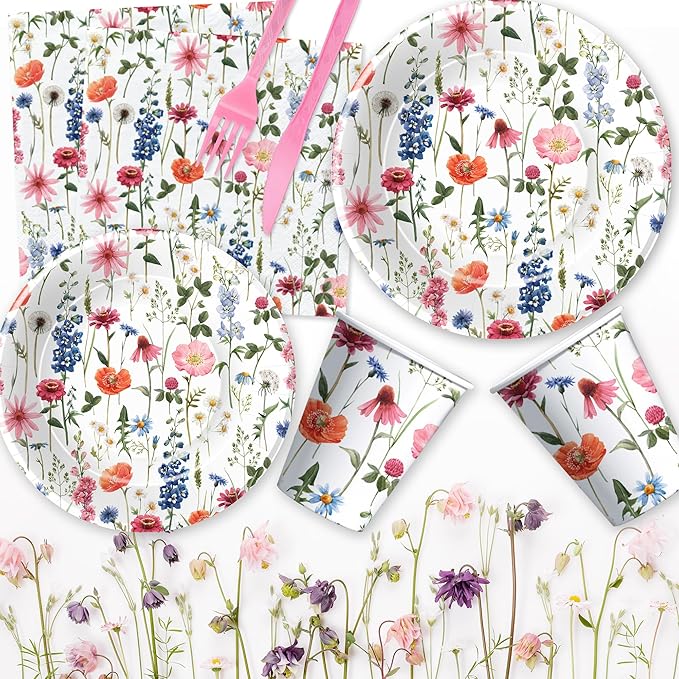 Floral Party Decorations Tableware, Spring Summer Flower Wildflower Party Supplies for Birthday Baby Shower, Paper Plate, Cup, Napkin, Tablecloth, Disposable Cutlery, Serves 24