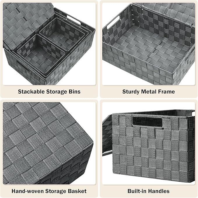 Uvellgift Storage Bins with Lids, Woven Storage Box Organizer Containers Decorative Baskets Cube for Clothes Bedroom Closet Office (5 Pack, Grey)