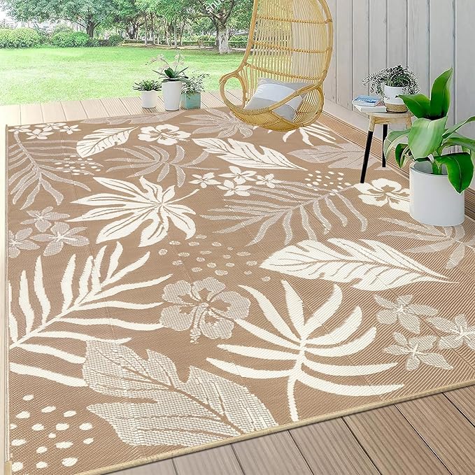Pauwer Waterproof Outdoor Rug 8x10, Reversible Plastic Straw Patio Camping Rug, Indoor Outdoor RV Mat Carpet for Deck, Camper, Porch, Balcony, Backyard, Picnic, Floral Brown