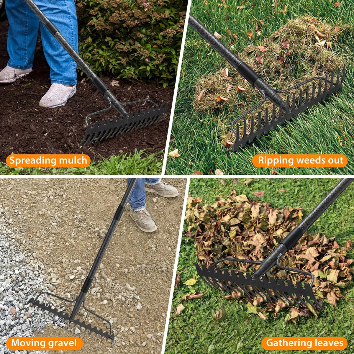 Garden Leaf Rake with 77 Inch Handle, Heavy Duty 17 Inch Wide Metal Garden Lawn Rake for Loosening Soil Raking Leaf Leveling Rocks Spreading Mulch