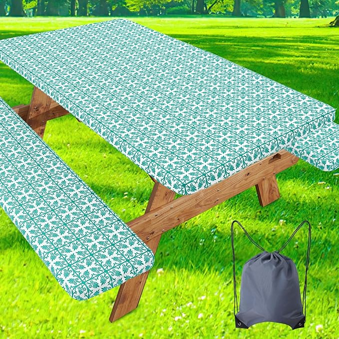 misaya Picnic Table Cover with Bench Cover, Waterproof Elastic Fitted Tablecloth for 5 Foot Tables, Rectangle Washable Polyester Tablecloths for Picnic, Camping, Outdoor (Teal, 30" x 60")