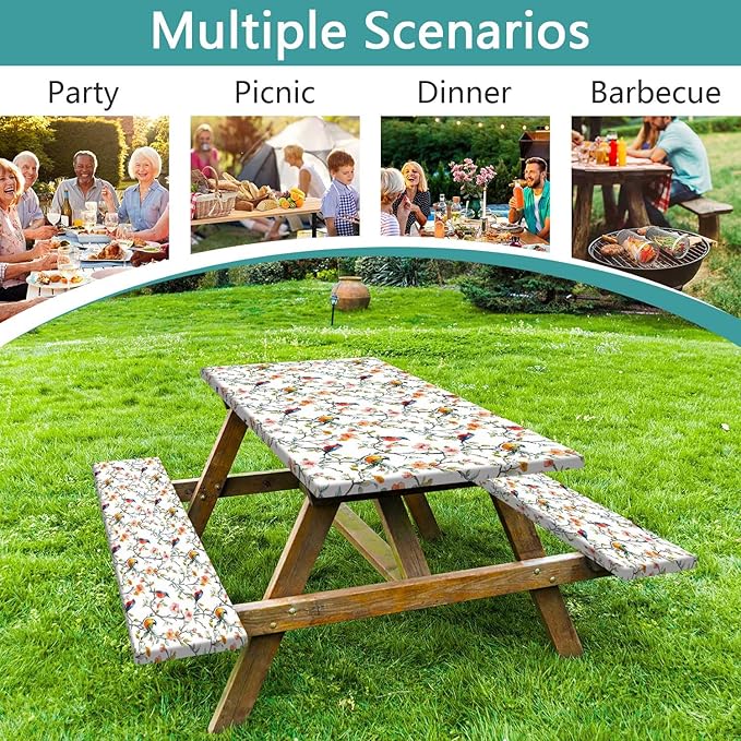 Bird Branch Picnic Table Cover with Bench Covers and Bag, Camping Essentials, Spring Summer Floral Waterproof Windproof, Fitted Tablecloth Cover with Elastic Edge for Outdoor Garden 3 PCS 30x60 Inch
