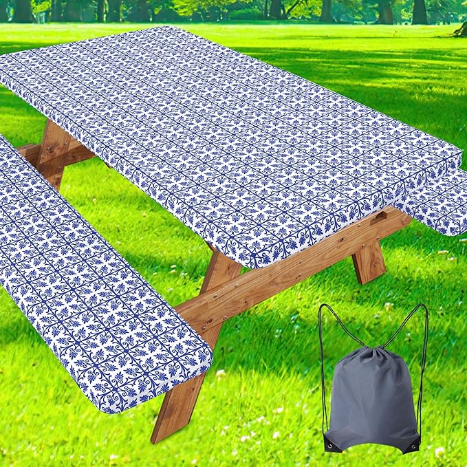 misaya Picnic Table Cover with Bench Cover, Waterproof Elastic Fitted Tablecloth for 6 Foot Tables, Rectangle Washable Polyester Tablecloths for Picnic, Camping, Outdoor (Blue, 30" x 72")