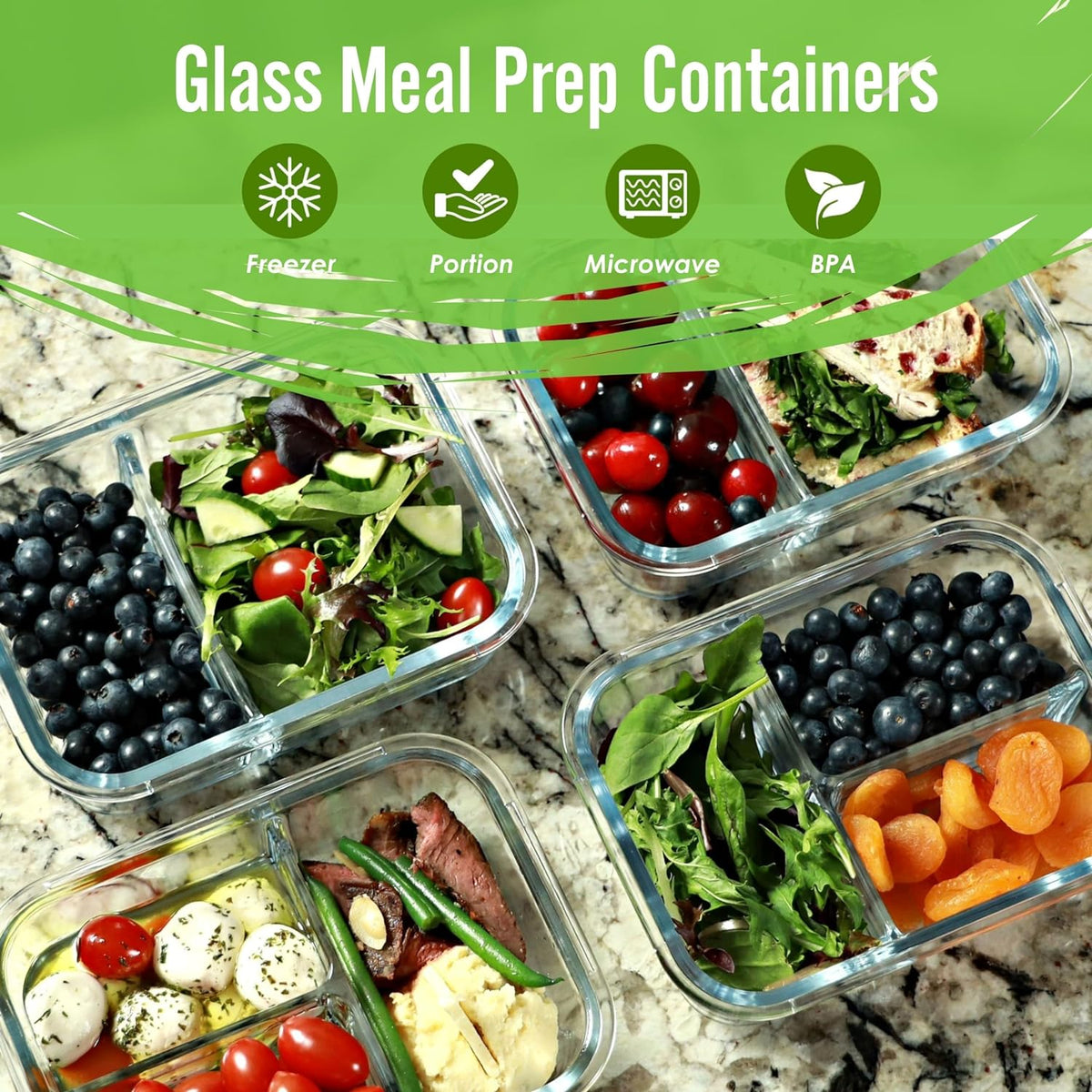 2 & 3 Compartment Glass Meal Prep Containers (4 Pack, 32 oz) - Glass Food Storage Containers with Lids, Bento Box, Portion Control, Airtight