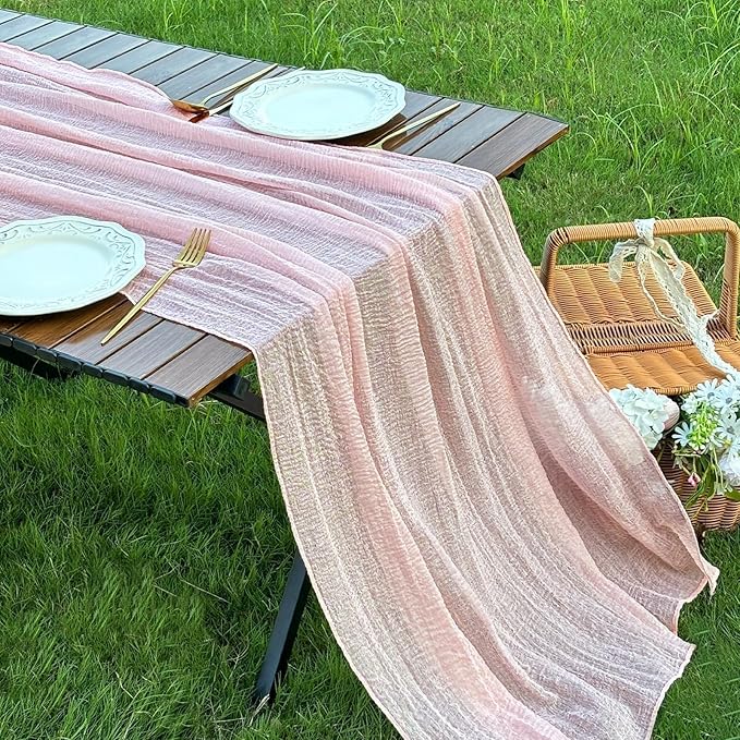 FEXIA Pink Table Runner 30x118 Inches for Spring Easter Decor Dusty Pink Cheesecloth Table Runner for Tea Party Decorations Gauze for Wedding Baby Shower Bridal Shower First Communion and Home Decor