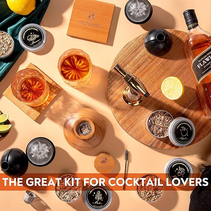 Old Fashioned Cocktail Smoker Kit for Whiskey, Bourbon, and Drinks with Cherry Smoker, Natural Wood Chip Flavors, Culinary Torch, Ice Cube Spheres, 2 Coasters, 2 Glasses