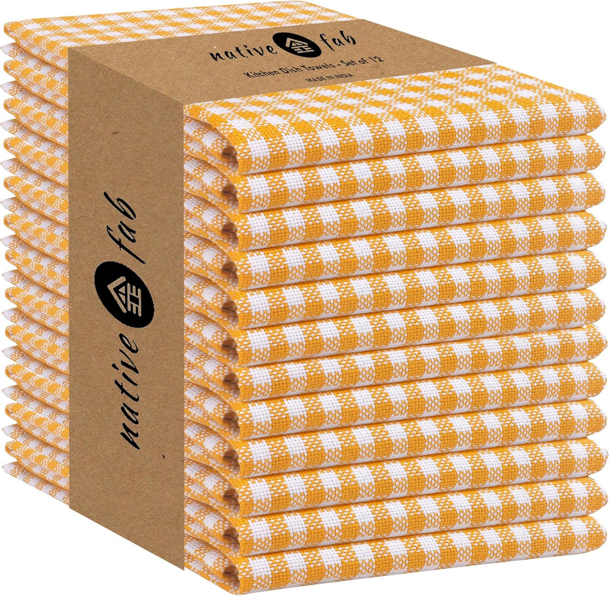 Native Fab 12 Pack Mini Check Yellow Kitchen Towels 16"x26" - Gingham Plaid Cotton Dish Towels - Absorbent Dishcloth Set