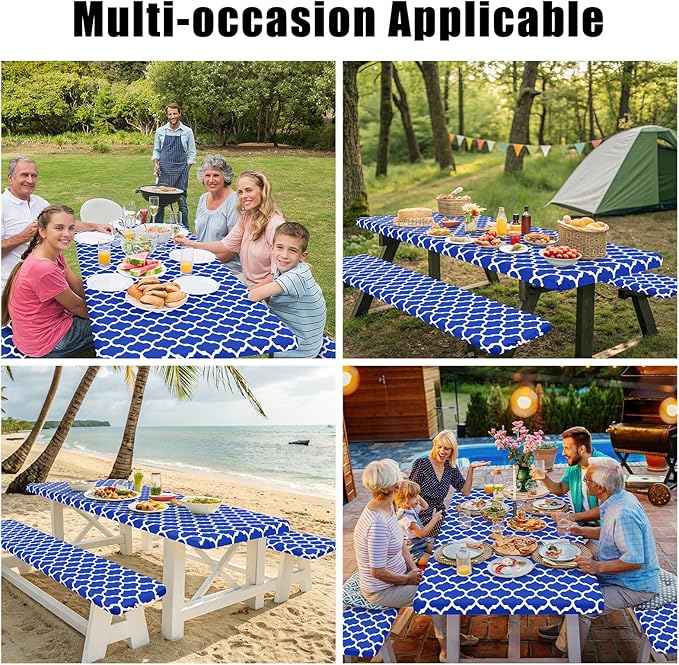 Smiry Picnic Table Cover with Bench Covers, Waterproof Elastic Fitted Tablecloth for 6 Foot Tables, Washable Polyester Tablecloths for Camping, Indoor & Outdoor (Blue, 30x72 Inch 3-pc Set)
