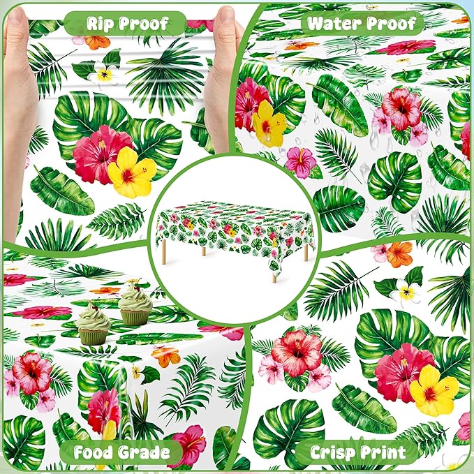 QZYL 12 Pack Hawaiian Luau Tablecloths, 108" X 54" Luau Party Decorations, Plastic Floral Leaf Tablecloth, Disposable Hawaiian Party Decor, Rectangle Tropical Table Cloths for Beach Party Supplies