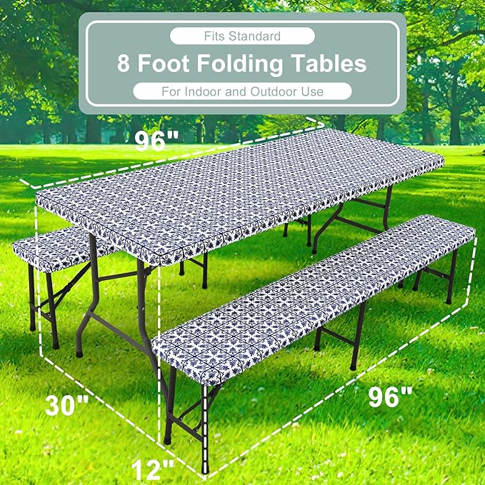 misaya Picnic Table Cover with Bench Cover, Waterproof Elastic Fitted Tablecloth for 8 Foot Tables, Rectangle Washable Polyester Tablecloths for Picnic, Camping, Outdoor (Navy, 30" x 96")