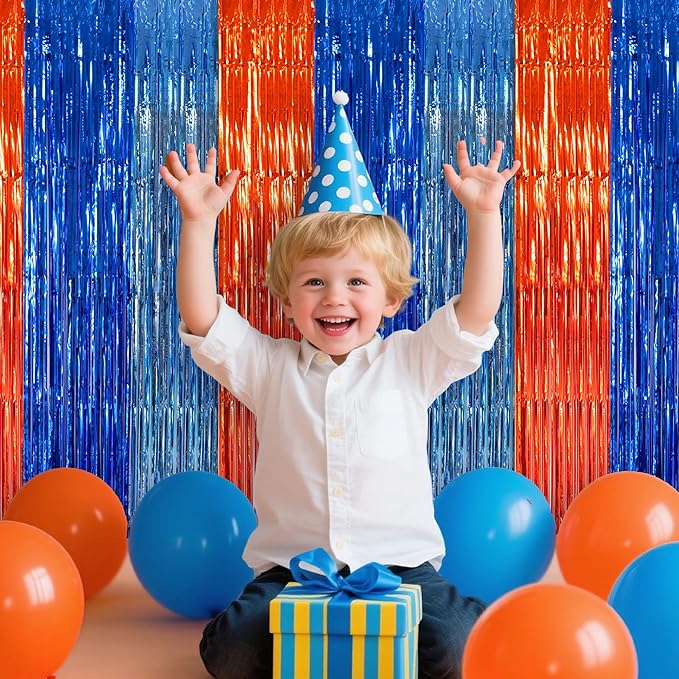 BEISHIDA 3Pcs Orange Blue Door Streamer Backdrop Foil Fringe Tinsel Curtains Backdrops for Bluey Birthday Decorations Blue Dog Party Supplies (3.28 ft x 6.56 ft)
