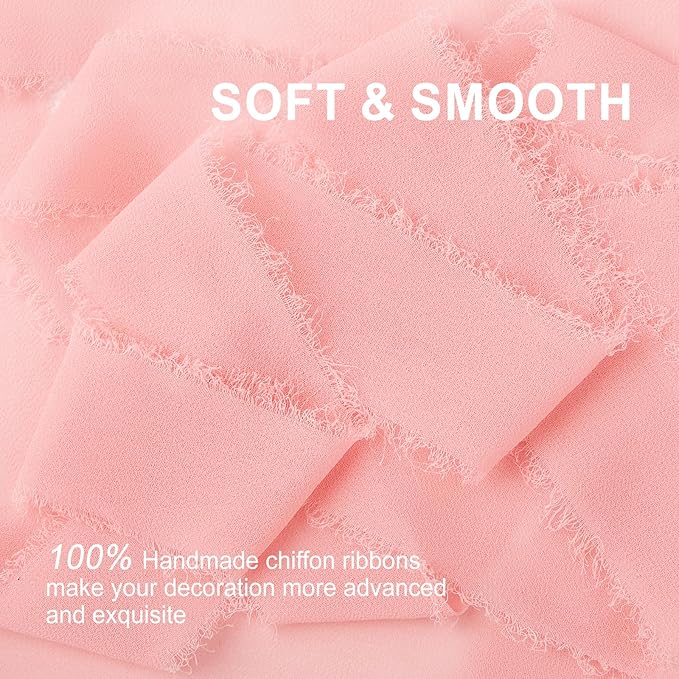 Pink Chiffon Ribbon 1.5" x 21 Yd Handmade Fringe Silk Chiffon Fabric Ribbon for Gift Wrapping Wedding Invitation Bridal Flower Bouquet DIY Crafts Home Decor