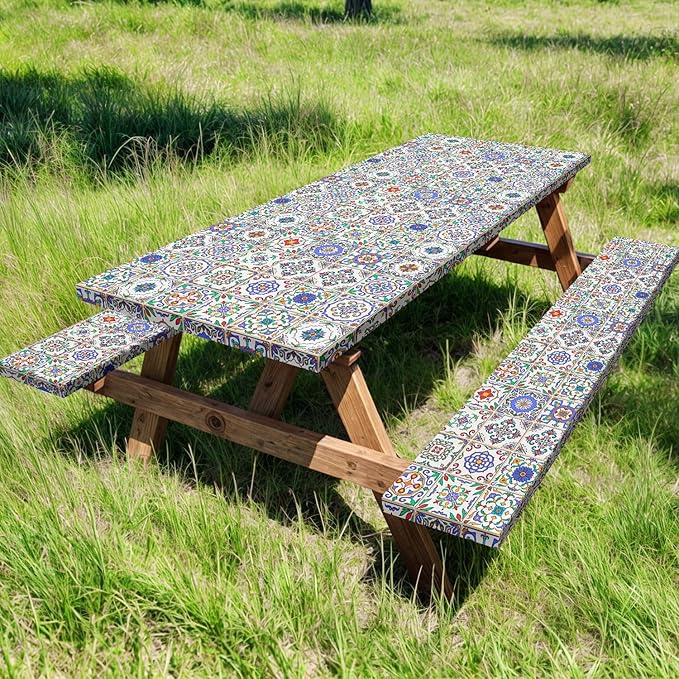Picnic Table Cover with Bench Covers, Camping Essentials, Buffalo Plaid Waterproof Windproof Camping Tablecloth, Fitted Tablecloth Cover with Elastic Edge, for Garden & Outdoor, 3 PCS, 30x96 Inch