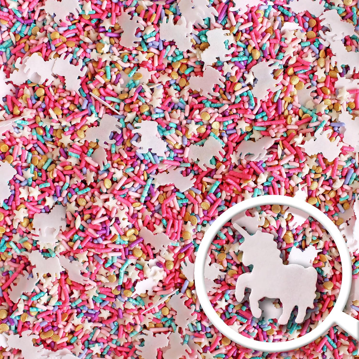 Sprinkle Pop Party Like A Unicorn Sprinkle Mix| Rainbow Sprinkles Heavy on Pink Gold Jimmies with ~20 Unicorn Wafer Papers| Birthday Sprinkles Made in USA for Decorating Cake Cupcakes Cookie, 4oz