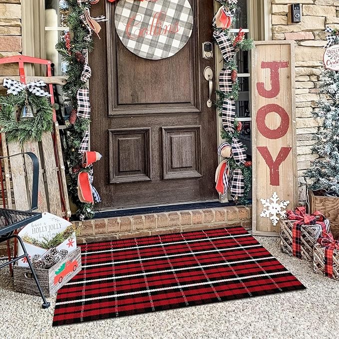 Christmas Red Buffalo Plaid Door Mats Outdoor 2'X3', Cotton Front Door Rug Machine Washable Indoor/Outdoor Area Rug Farmhouse Throw Rug for Layered Door Mats/Porch/Entryway/Kitchen/Bathroom