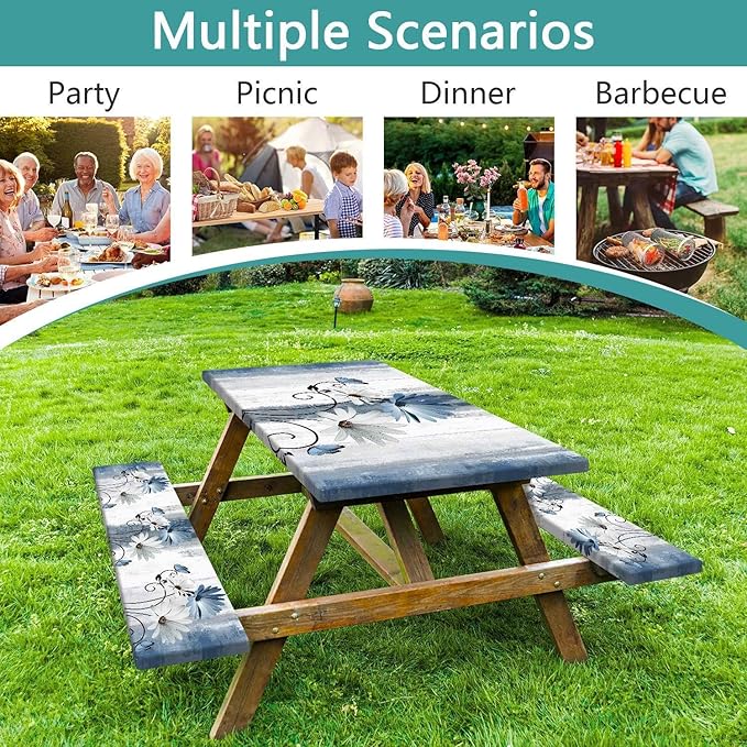 Rustic Farmhouse Blue Flower Picnic Table Cover with Bench Covers, Waterproof Blue Daisy Floral Flowers Butterfly on Country Wooden for Camping Indoor Outdoor Party Decorations, 30X96in