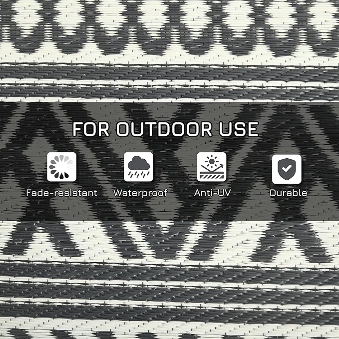 Outsunny Outdoor Rug for Patio, 9' x 18' Waterproof Large Mat, Reversible Plastic Straw Rug for Decor, Portable Outside RV Camping Area Carpet Mat for Backyard Porch Deck Picnic, Gray & Cream Boho