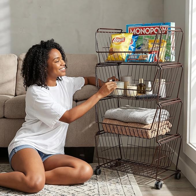 PUSDON 4-Tier Large Stackable Wire Storage Baskets with Wheels, Metal Rolling Utility Cart Organizer, Produce Basket for Kitchen Pantry, Floor Shelf, Vintage Bronze
