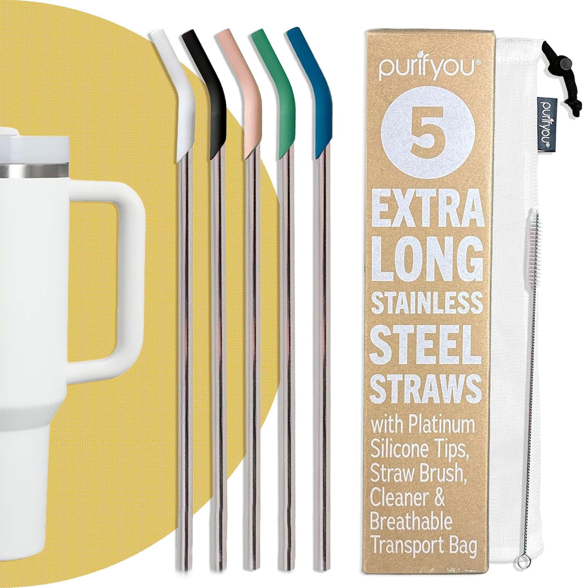 purifyou 14.5" Extra Long Stainless Steel Drinking Straws with Silicone Tips, Reusable Metal Straws for Tumblers, Smoothies