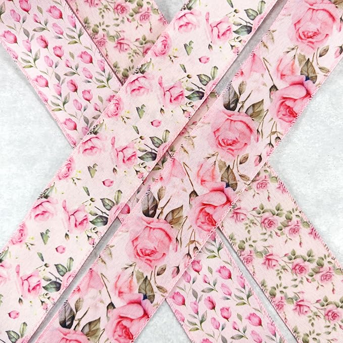 Spring Pink Floral Wired Ribbon, Rose Pattern Decorative Fabric Ribbon with Leaves for DIY Crafts Gift Wrapping Spring Summer Wedding Party Decor, 4 Rolls, 20Yards (Pink)
