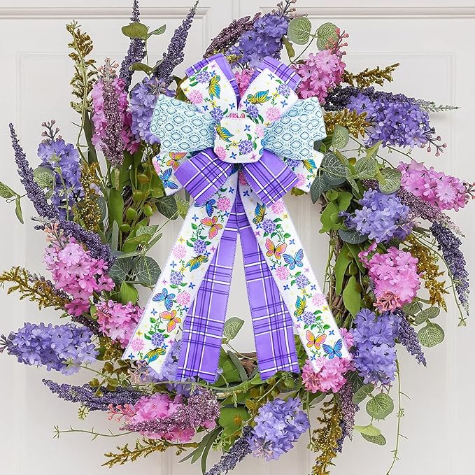 Spring Floral Wired Edge Ribbon, 2.5 Inch Wide Purple Rose Butterfly Burlap Ribbon, 4 Rolls for Mother's Day Summer Wreath Bow Making DIY Crafts Birthday Wedding Wrapping Party Decor Supplies (Purple)