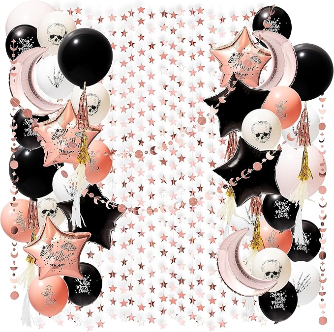 Cheerland Boho Party Decorations Rose Gold Black Balloon Kit Bohemian Birthday Decorations Cresent Moon Garlands Boho Theme Party Backdrop Halloween Party Decor