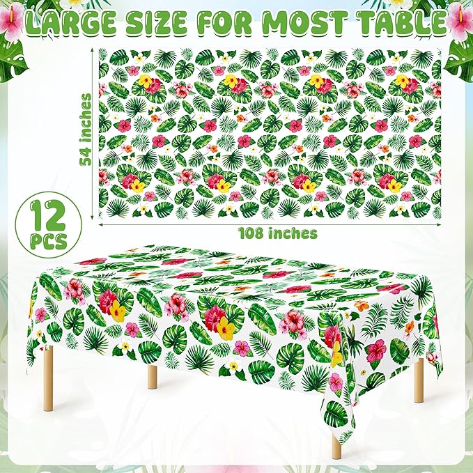 QZYL 12 Pack Hawaiian Luau Tablecloths, 108" X 54" Luau Party Decorations, Plastic Floral Leaf Tablecloth, Disposable Hawaiian Party Decor, Rectangle Tropical Table Cloths for Beach Party Supplies