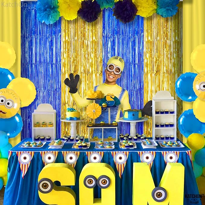 KatchOn, Blue and Gold Fringe Backdrop for Parties - XtraLarge, Pack of 2 | Blue Fringe Backdrop | 2026 Graduation Party Decorations | Graduation Decorations 2026